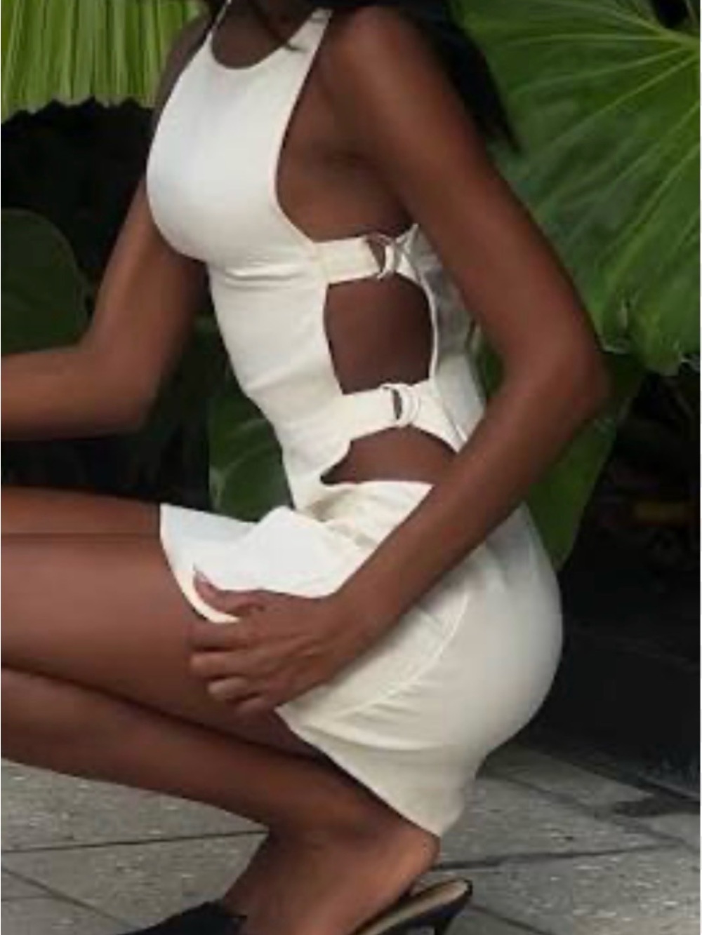 Peppermayo Ivory Cutout Mini Dress with Side Buckles